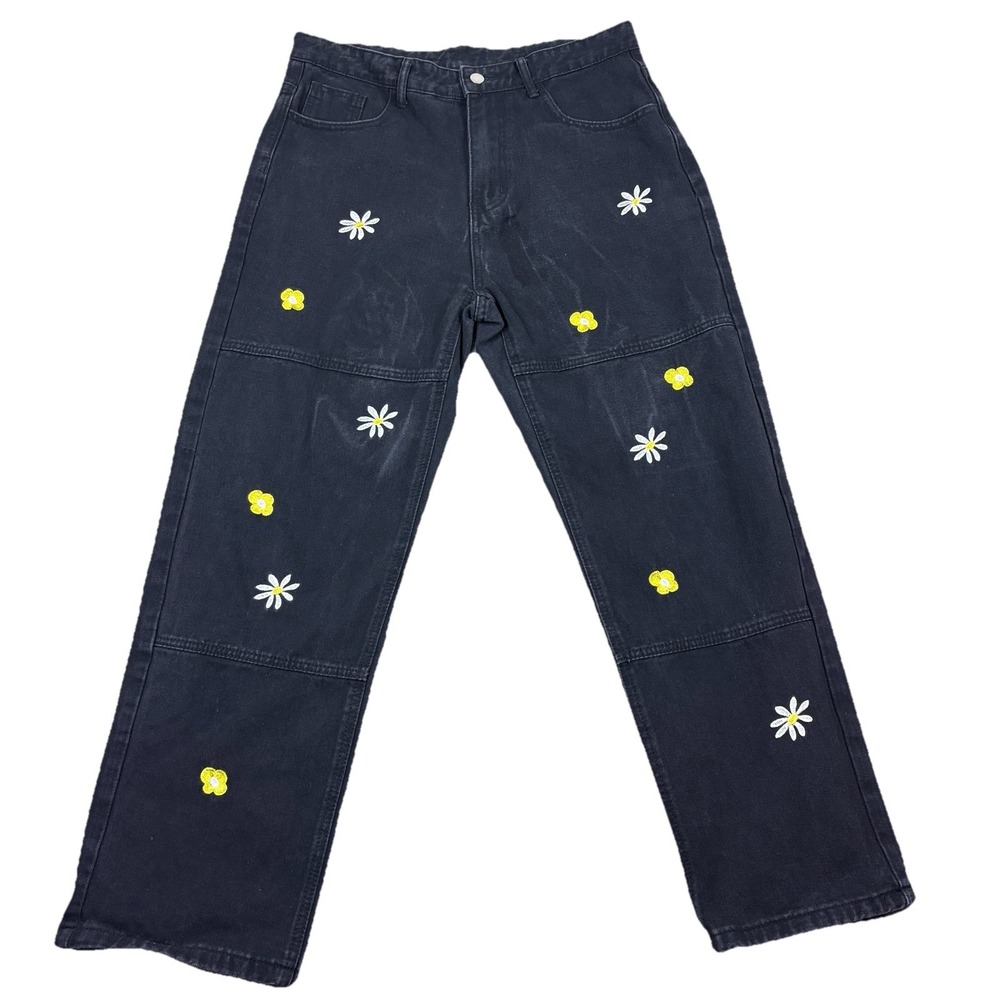 Floral Embroidered‎ Women M Black Jeans High Rise Straight Leg Denim Cottagecore